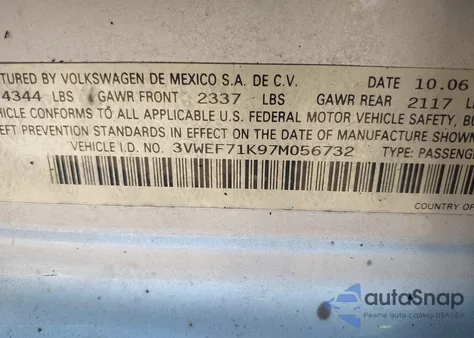 2007 Volkswagen Jetta Wolfsburg Edition from USA, damaged, VIN 3VWEF71K97M056732